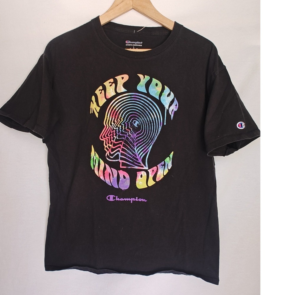 Champion Shirt Keep Your Mind Open Graphic Black Rainbow Psychedelic‎ Tie Dye L